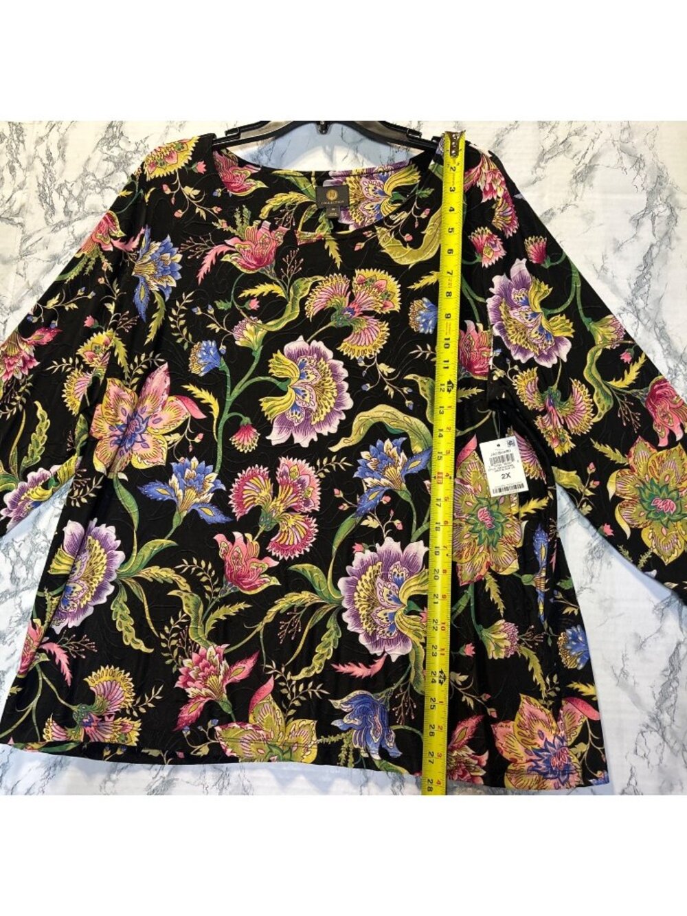JM Collection Womens 2X Jacquard Floral Print 3/4 Sleeve Top In Deep Black - Picture 4 of 9